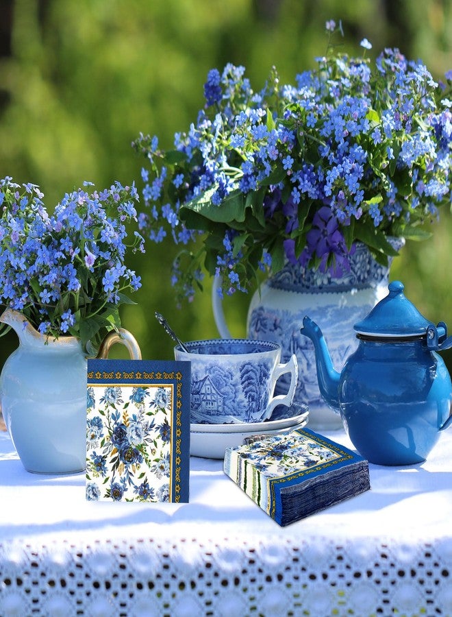 AnyDesign 80 Pack Navy Blue Floral Paper Napkins Blue White Flower Disposable Luncheon Napkins Gold Frame Dessert Dinner Hand Napkin for Home Kitchen Wedding Birthday Baby Shower, 6.5 x 6.5 Inch - Image 5